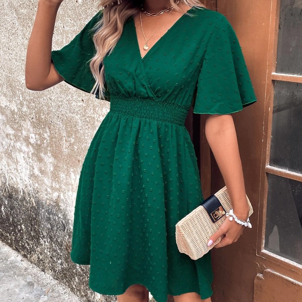Green Womens Swiss Dot Butterfly Sleeve A-line mini Dress - Picture 3 of 5